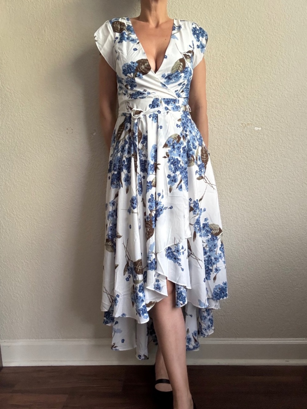 White Floral Wrap Midi Dress with Blue Blooms